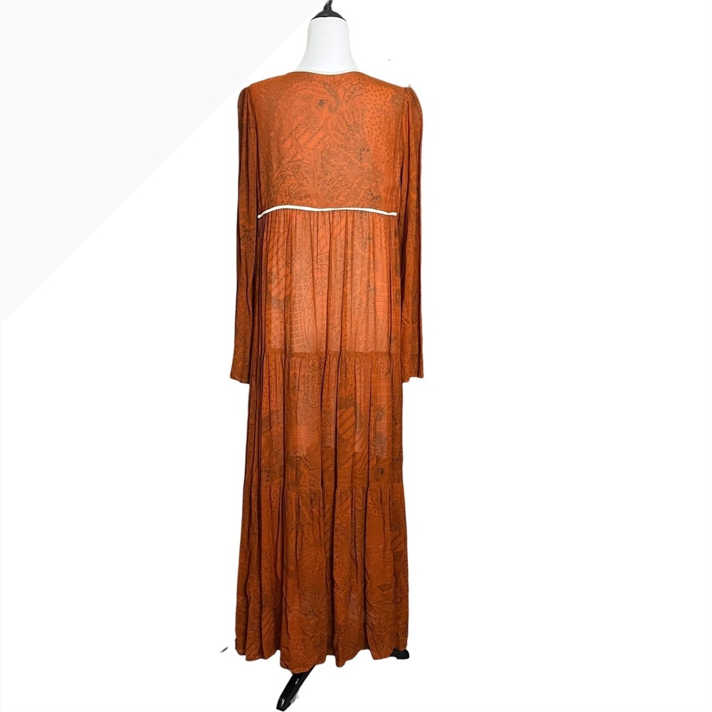 Christy Dawn Paloma Dress Womens L Rust Paisley Tiered Tassel Empire Midi Lined - Picture 3 of 9